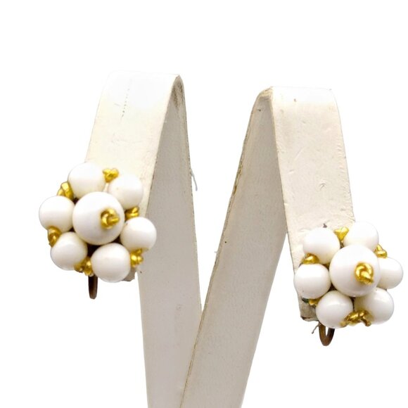 Vintage Milk Glass Bead Cluster Earrings, Classic White and Gold Tone Screw Back - Picture 1 of 5